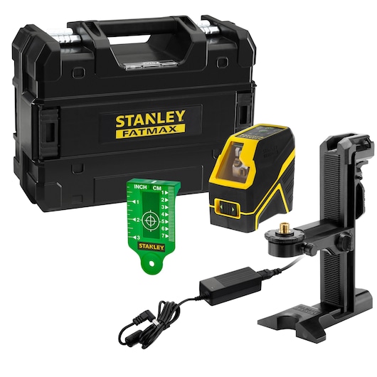 Stanley Fatmax laser level kit with case, mount, charger, and green measurement target.