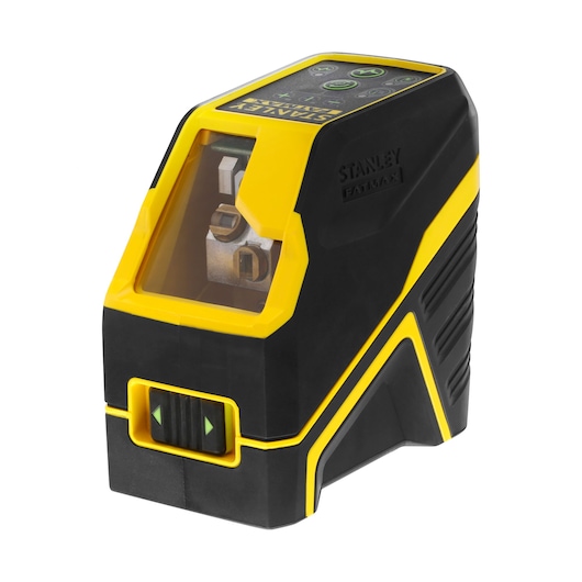 Stanley laser level device in black and yellow with control buttons, used for precise alignment in photography.