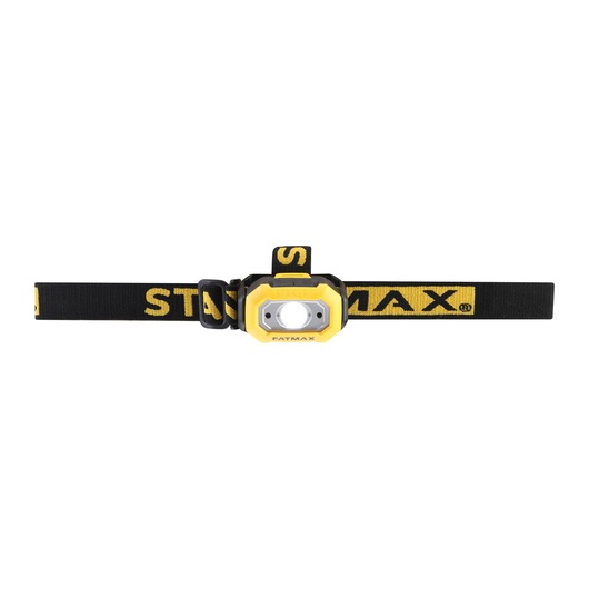 Yellow and black Stanley FatMax headlamp with adjustable strap, designed for hands-free illumination.