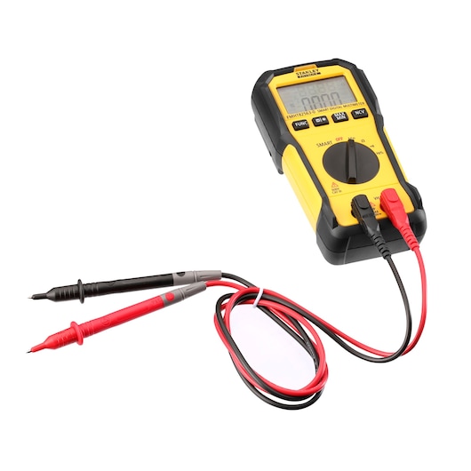 Stanley yellow digital multimeter with black and red probes, used for measuring electrical values.