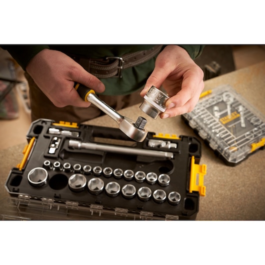 STANLEY FMMT98103-1 socket set photography showing ratchet and sockets in a black and yellow case.