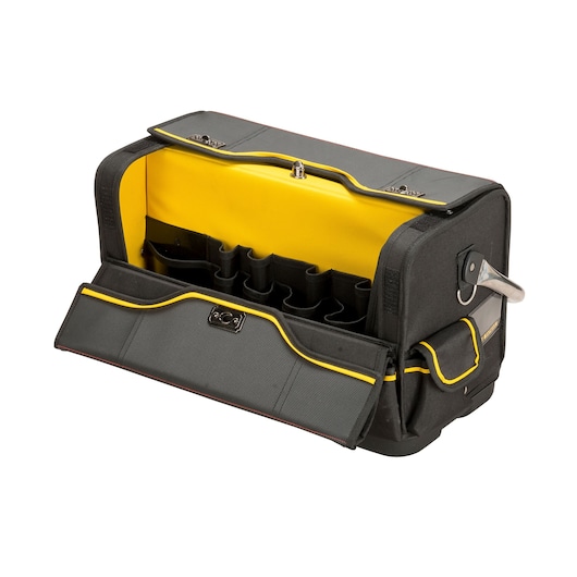 Stanley black and yellow tool bag with open front flap and internal compartments for organized storage.