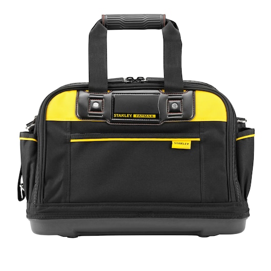 Stanley Fatmax black and yellow tool bag with handles and multiple pockets, designed for carrying tools.