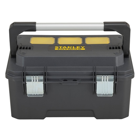 STANLEY FMST1-75792 black tool box with silver handle, yellow compartments, front studio angle.