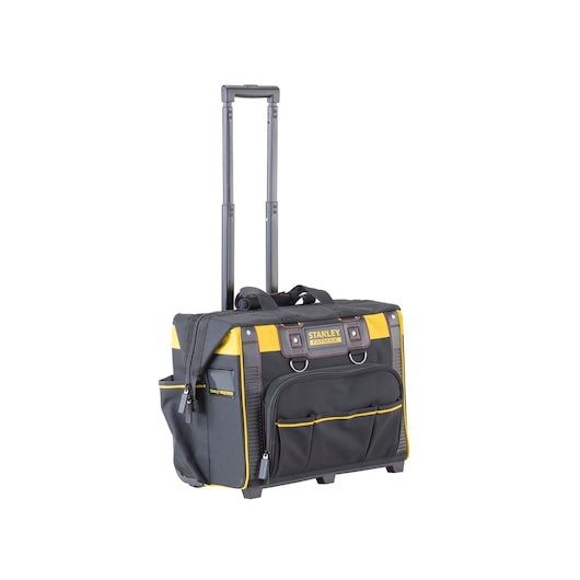 Stanley Fatmax rolling tool bag with telescopic handle, black and yellow, front pockets, on white background.