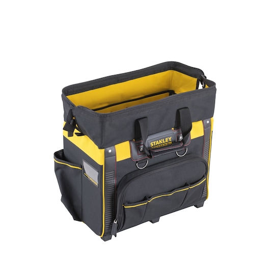 Stanley black and yellow tool bag with handles, side pockets, and front zipper section.