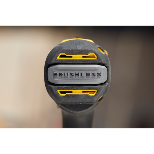 Photo of STANLEY SFMCD720B drill handle close-up, showing brushless marking and yellow-black accents.