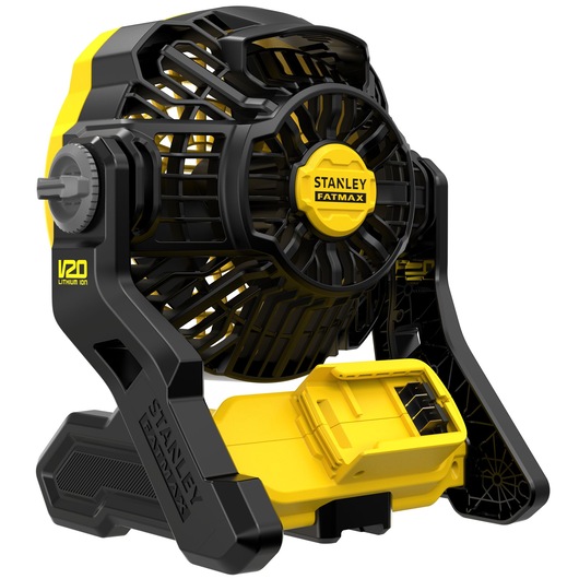 STANLEY SFMCE001B portable black and yellow V20 lithium-ion fan, front angle, on white background.