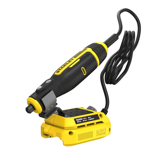 STANLEY SFMCE030B rotary tool with cord, yellow and black, front angle on white background.
