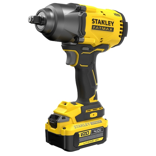 STANLEY SFMCF940M1 cordless impact wrench, yellow and black, side angle on white background.