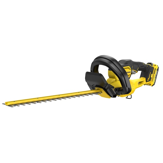 STANLEY SFMCHT650D1 cordless hedge trimmer, yellow and black, side angle on white background.