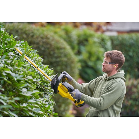 Photo of STANLEY SFMCHT655B hedge trimmer in use, yellow and black, trimming green bushes outdoors.