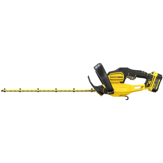 STANLEY SFMCHT655M1 cordless hedge trimmer, yellow and black, side view on white background.