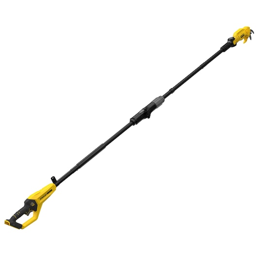 STANLEY SFMCPP632B cordless pole pruner, yellow and black, side angle on white background.
