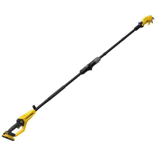 STANLEY SFMCPP632D1 yellow and black cordless pole pruner, side angle on white background.