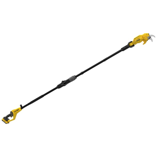 STANLEY SFMCPP632D1 long yellow and black cordless pole pruner, side view on white background.