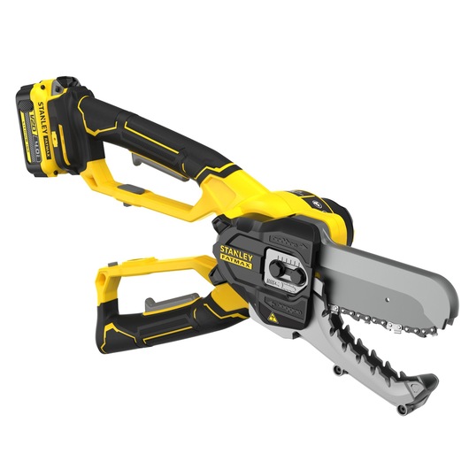 STANLEY SFMCPS515M1 compact cordless chainsaw with black and yellow body, photographed on a white background.