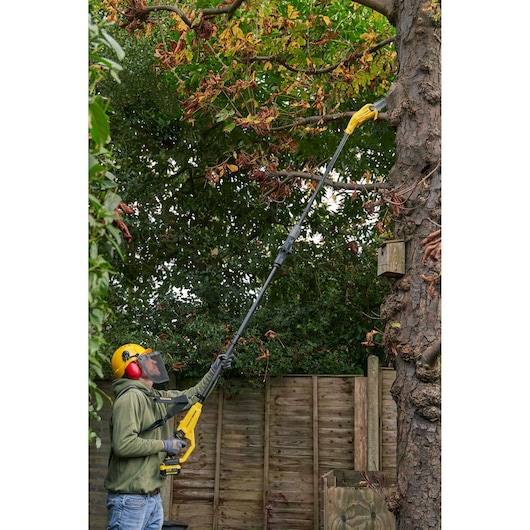 STANLEY SFMCPS720M1 pole saw used for cutting high tree branches in a garden setting.