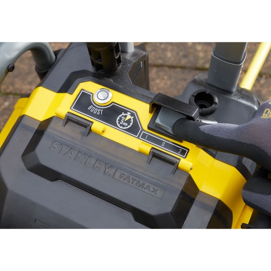 Photo of STANLEY SFMCPW1500B pressure washer control panel with boost button and selector dial.