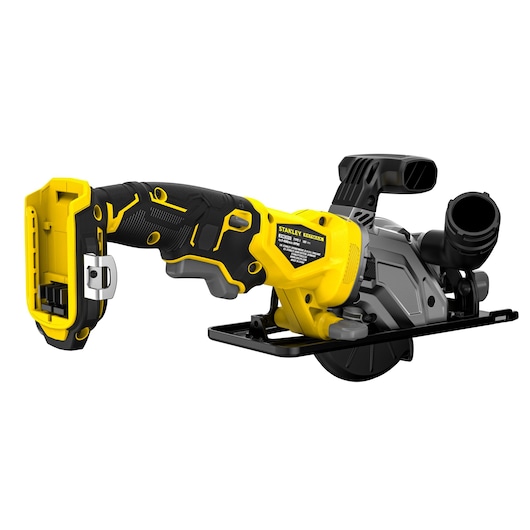 STANLEY SFMCS515B cordless circular saw, yellow and black, side angle on white background.