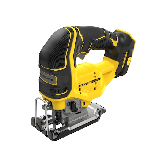 Yellow and black cordless jigsaw tool with ergonomic handle, STANLEY branding, and metal base.