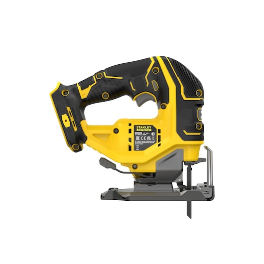 Stanley cordless jigsaw SFMCS650B in yellow and black, shown in side view for woodworking or DIY projects.