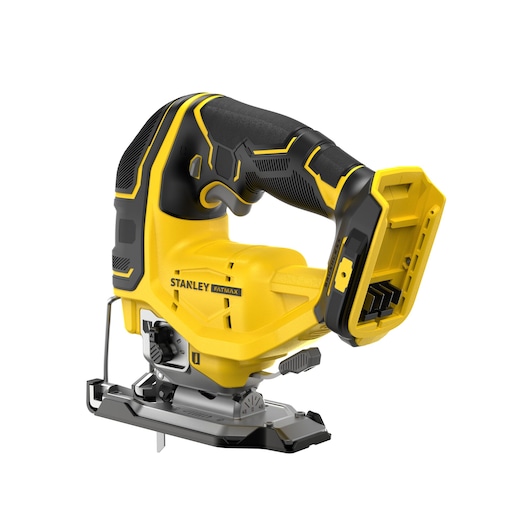 STANLEY FATMAX cordless jigsaw tool, yellow and black, shown without battery.