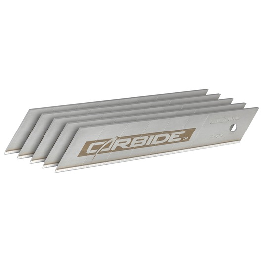 Stack of silver utility knife blades with 'Carbide' branding, shown angled to display their edges.