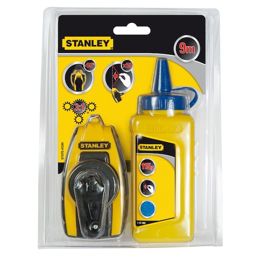 Photo of STANLEY STHT0-47244 chalk line set with yellow and black chalk reel and 115g chalk bottle, retail packaging.