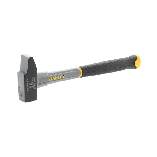 Photo of STANLEY STHT0-54129 club hammer with gray steel head and black textured handle, angled on white background.