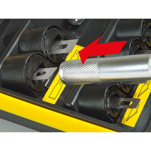 STANLEY STHT0-73872 photography of precision knife handle and replacement blades in black and yellow holder.