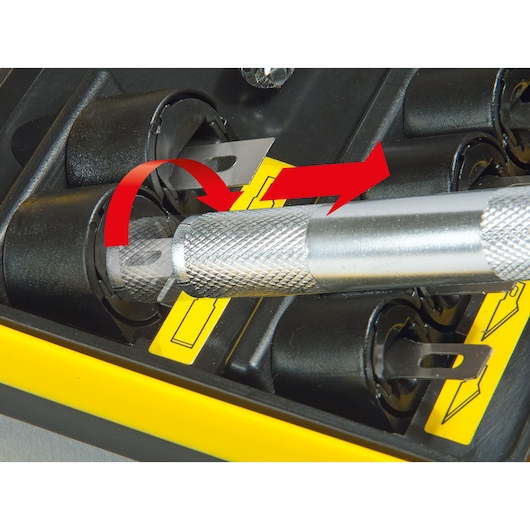 STANLEY STHT0-73872 utility knife handle close-up with blade and red arrow showing blade installation.