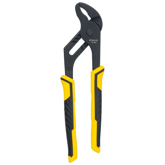 Photo of STANLEY STHT0-74361 slip joint pliers with yellow and black rubber grips, front angle on white background.