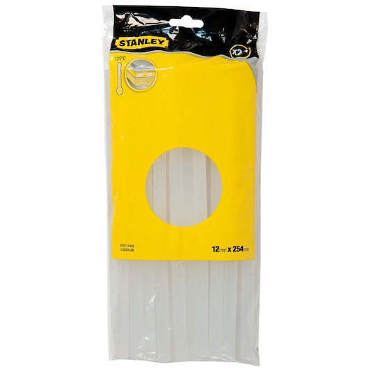 A pack of Stanley glue sticks in a clear plastic bag with a yellow and black label. The label shows the Stanley brand, a