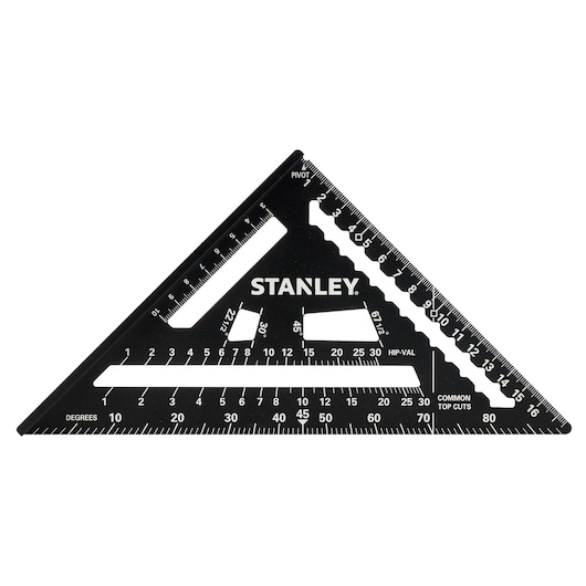 STANLEY STHT46101-0 black metal rafter square with white markings, triangle shape, top view, photography product.