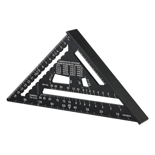 STANLEY STHT46101-0 photography of black triangular rafter square with white markings, front angle.