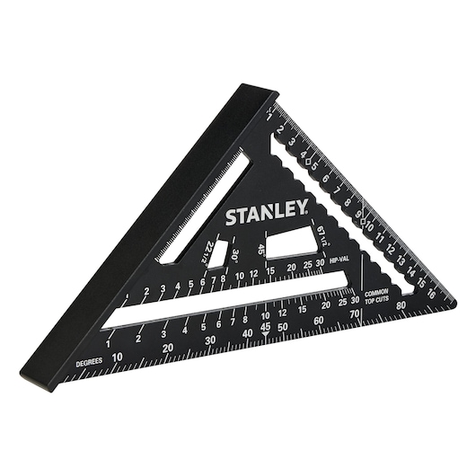 STANLEY STHT46101-0 black triangular speed square with white markings, photography, angled view on white background.