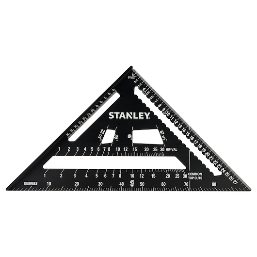 STANLEY STHT46102-0 photography of black triangular rafter square with white measurement markings, front angle.