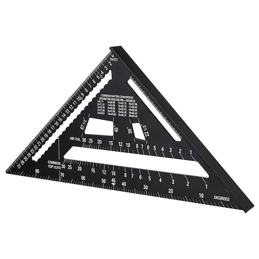 STANLEY STHT46102-0 black plastic rafter square, top angle, marked with metric and degree scales.