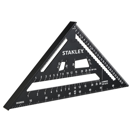 STANLEY STHT46102-0 black triangular carpenter's square, side angle, with white measurement markings.