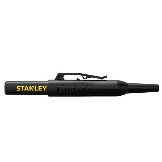 Photo of STANLEY STHT47003-0 black marker pen with yellow logo, side view, product photography.