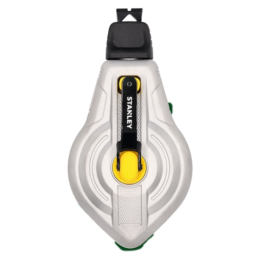 STANLEY STHT47611-0 chalk line reel with yellow and black handle, top view on white background.