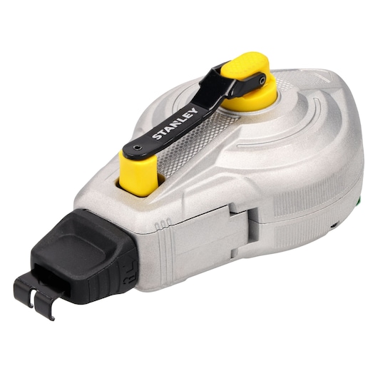 STANLEY STHT47611-0 chalk line reel, silver and yellow, product photo on white background, angled view.