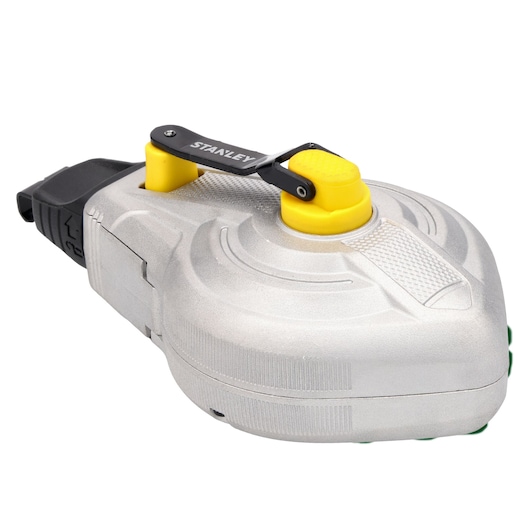 STANLEY STHT47611-0 chalk reel with silver body, yellow crank, and black accents, angle on white background.