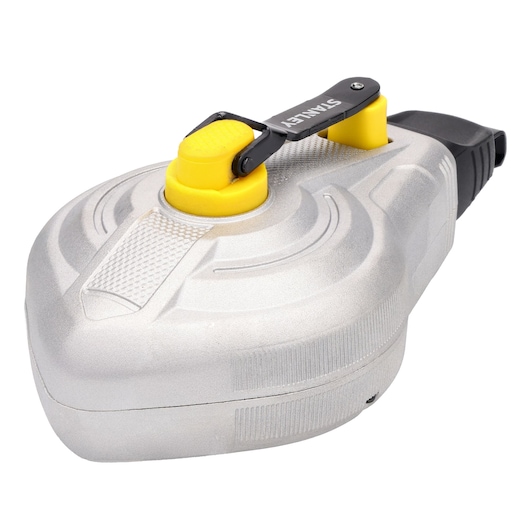 STANLEY STHT47611-0 silver chalk line reel with yellow winding handle, product photo on white background.