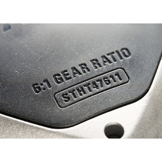 Stanley STHT47611-0 photography of black casing embossed with 6:1 gear ratio and SKU lettering, close-up view.