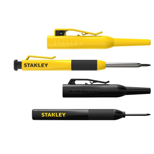 STANLEY STHT72010-0 screwdriver set, two yellow and two black pen-style screwdrivers, side and front view, white background.
