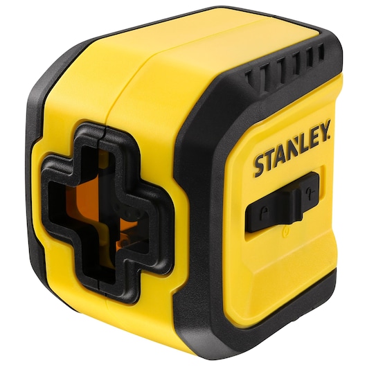 Photo of STANLEY STHT77611-0 laser level tool, yellow and black housing, front right angle, visible control switch.