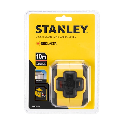 Stanley STHT77611-0 cross line laser level in yellow and black clamshell packaging, front angle.