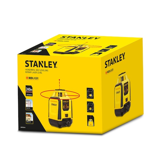 STANLEY STHT77616-0 rotary laser level packaging, yellow box with product images and key features, angled view.